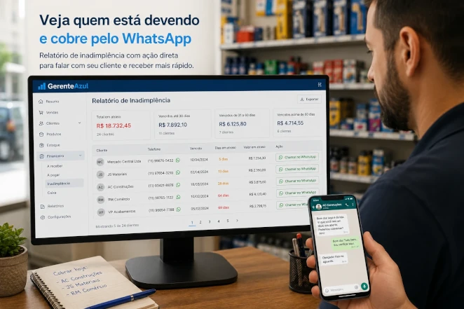 Relatório de inadimplência no Gerente Azul — lista de clientes em atraso com valor e telefone